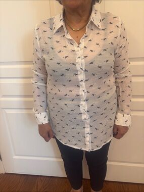 Semi-Sheer White Button-Down Shirt with black cats